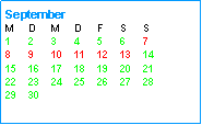 Textfeld: SeptemberM	D	M	D	F	S	S1	2	3	4	5	6	78	9	10	11	12	13	1415	16	17	18	19	20	2122	23	24	25	26	27	2829	30	