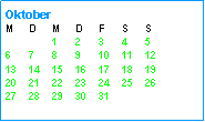 Textfeld: OktoberM	D	M	D	F	S	S		1	2	3	4	56	7	8	9	10	11	1213	14	15	16	17	18	1920	21	22	23	24	25	2627	28	29	30	31	