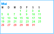 Textfeld: MaiM	D	M	D	F	S	S			1	2	3	45	6	7	8	9	10	1112	13	14	15	16	17	1819	20	21	22	23	24	2526	27	28	29	30	31	
