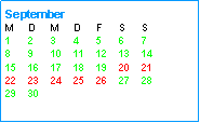 Textfeld: SeptemberM	D	M	D	F	S	S1	2	3	4	5	6	78	9	10	11	12	13	1415	16	17	18	19	20	2122	23	24	25	26	27	2829	30	
